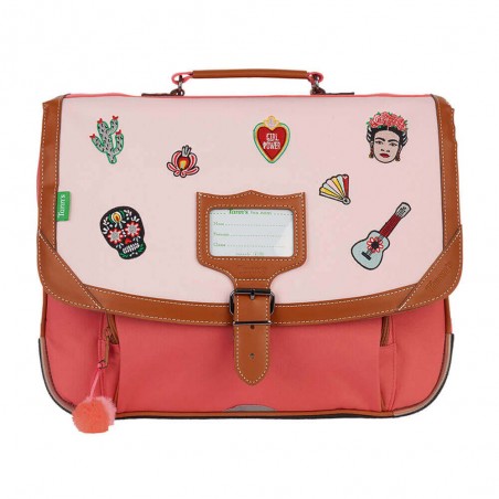 Cartable Tann's 38cm "Adriana" | Sac scolaire fille CP CE1 CE2 patchs brodés Frida Kahlo bicolore mexique