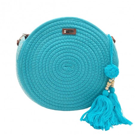 Panier rond LES TROPEZIENNES "Danatil" turquoise | Sac de plage été femme style bohème chic pas cher