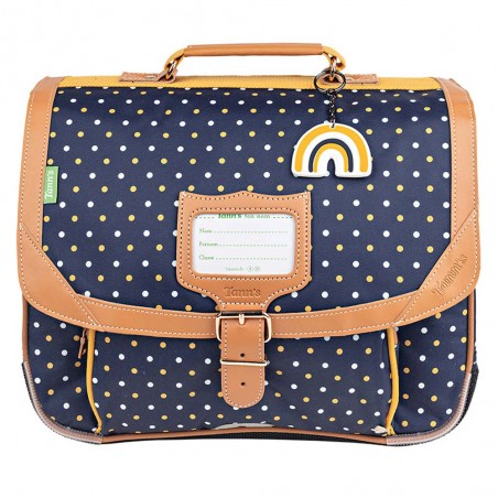 Cartable Tann's 35cm "Faustine" bleu | Motif pois jaune arc en ciel | Sac scolaire fille classe CP pas cher