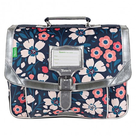 Cartable Tann's 35cm "Floriane" multicolore | Motif fleuri et ganse argent | Sac scolaire fille classe CP pas cher