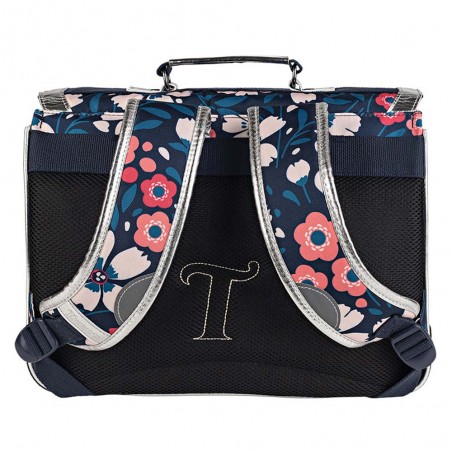 Cartable Tann's 35cm "Floriane" multicolore | Motif fleuri et ganse argent | Sac scolaire fille classe CP pas cher