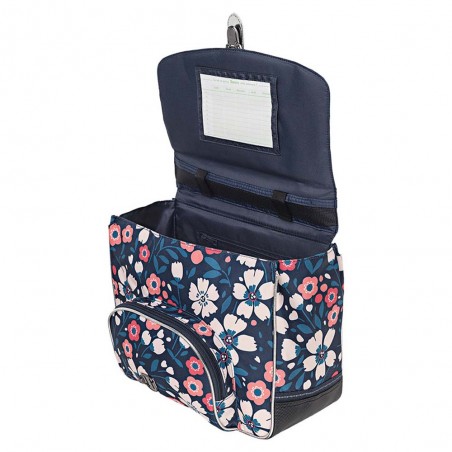 Cartable Tann's 35cm "Floriane" multicolore | Motif fleuri et ganse argent | Sac scolaire fille classe CP pas cher