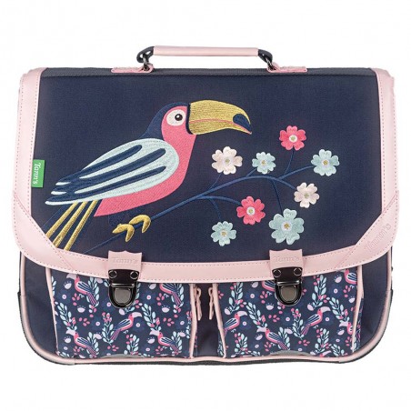 Cartable Tann's 38cm "Assya" bleu maxi broderie toucan | Sac scolaire fille CP CE1 CE2 pas cher