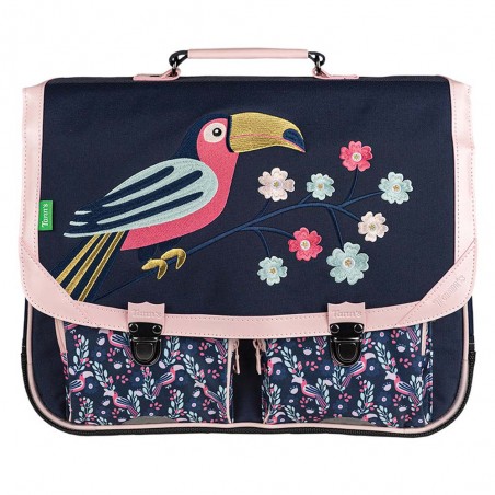 Cartable Tann's 41cm "Assya" bleu broderie toucan | Sac scolaire fille CM1 CM2 pas cher