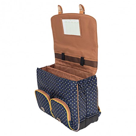 Cartable Tann's 41cm "Faustine" bleu imprimé pois coloré | Sac scolaire fille CM1 CM2 pas cher