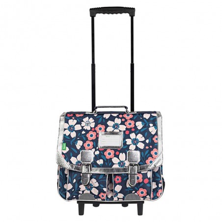 Cartable à roulettes Tann's 41cm "Floriane" multicolore imprimé fleuri argent | Sac scolaire trolley fille pas cher