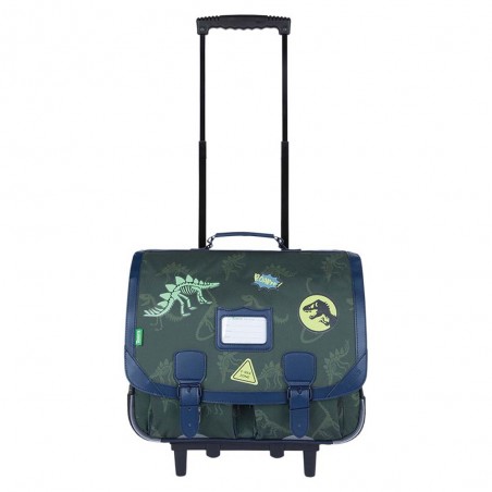 Cartable à roulettes Tann's 41cm "Timothée" kaki décor dinosaures | Sac scolaire trolley garçon pas cher