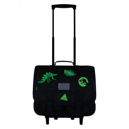 Cartable à roulettes Tann's 41cm "Timothée" kaki décor dinosaures | Sac scolaire trolley garçon pas cher