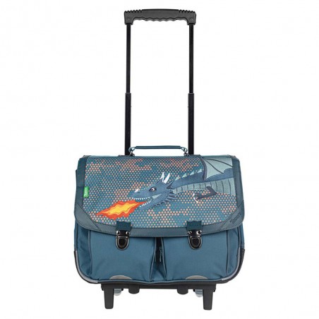 Cartable à roulettes Tann's 38cm "Lenny" bleu broderie dragon | Sac scolaire trolley garçon pas cher