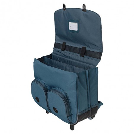 Cartable à roulettes Tann's 38cm "Lenny" bleu broderie dragon | Sac scolaire trolley garçon pas cher