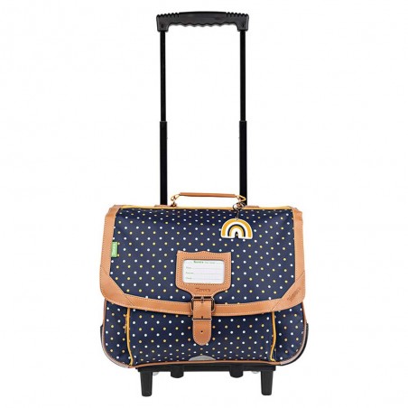 Cartable à roulettes Tann's 38cm "Faustine" bleu imprimé pois jaune | Sac scolaire trolley fille pas cher