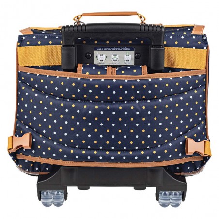 Cartable à roulettes Tann's 38cm "Faustine" bleu imprimé pois jaune | Sac scolaire trolley fille pas cher