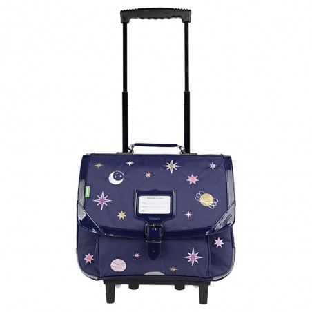 Cartable à roulettes Tann's 38cm "Louna" bleu broderies étoiles brillantes | Sac scolaire trolley fille pas cher