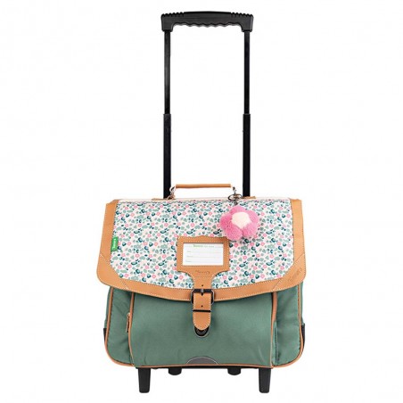 Cartable à roulettes Tann's 38cm "Iris" vert imprimé fleuri | Sac scolaire trolley fille pas cher