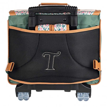 Cartable à roulettes Tann's 38cm "Iris" vert imprimé fleuri | Sac scolaire trolley fille pas cher