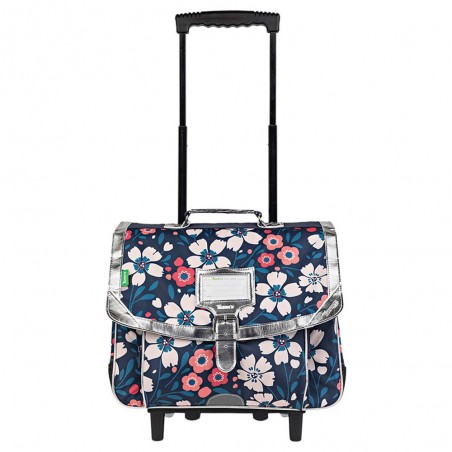 Cartable à roulettes Tann's 38cm "Floriane" multicolore imprimé fleurs argent | Sac scolaire trolley fille pas cher