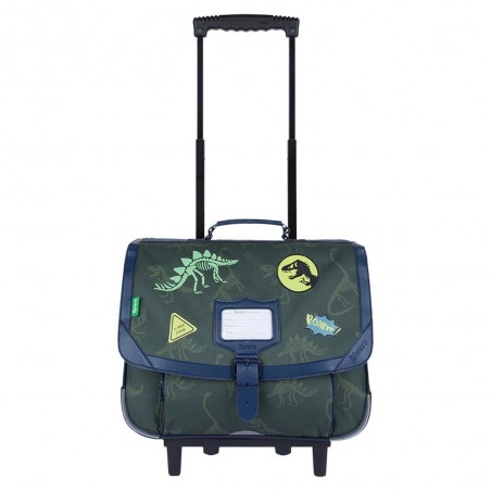 Cartable à roulettes Tann's 38cm "Timothée" kaki broderies dinosaures | Sac scolaire trolley garçon pas cher