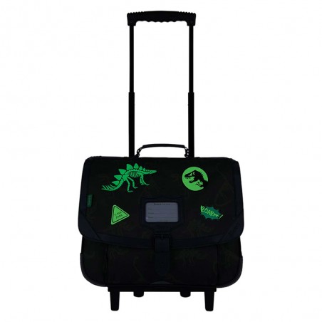 Cartable à roulettes Tann's 38cm "Timothée" kaki broderies dinosaures | Sac scolaire trolley garçon pas cher