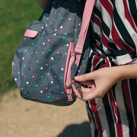 Sac à dos Tann's M "Faustine" bleu imprimé pois | Sac fille CE2 CM1 CM2 pas cher