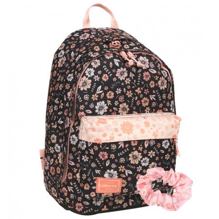 RIP CURL | Sac à dos fille "Double Dome" noir/pêche | Sac scolaire primaire 2 compartiment imprimé fleuri