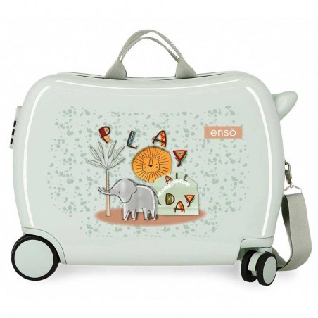 ENSO | Valise trotteur enfant "Play all day" vert menthe | Bagage à chevaucher ludique décor animaux de la savane pas cher