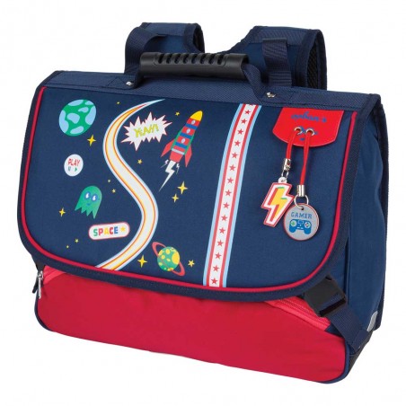 Ooban's | Cartable garçon 35cm "Cosmic Player" marine/rouge | Sac scolaire décor jeu vidéo grande section CP pas cher